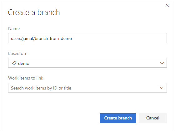 Captura de tela da caixa de diálogo criar ramificação da marca no portal da Web.