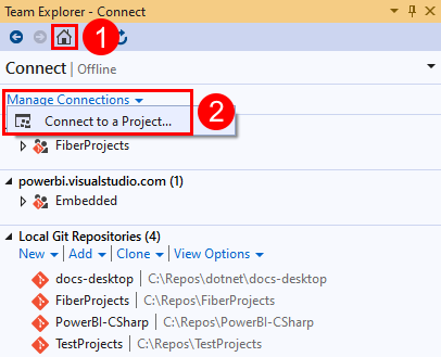Captura de tela do link 'Conectar a um projeto' no Team Explorer no Visual Studio 2019.