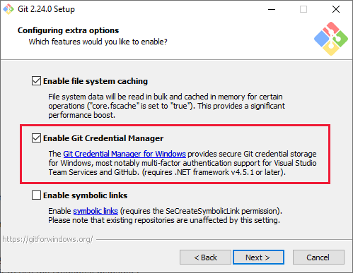 Selecione Habilitar o Gerenciador de Credencial Git durante a instalação do Git para Windows