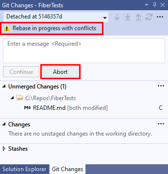Captura de tela da mensagem de conflito de rebase na janela repositório Git do Visual Studio 2019.