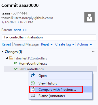Captura de tela da opção 'Comparar com o Anterior' no painel Confirmação no Visual Studio.