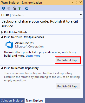 Captura de tela da exibição 'Push' do 'Team Explorer' no Visual Studio 2019.
