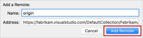 Captura de tela que mostra como adicionar um remoto ao repositório Git local para seu projeto Xcode para se conectar ao Azure DevOps Services.