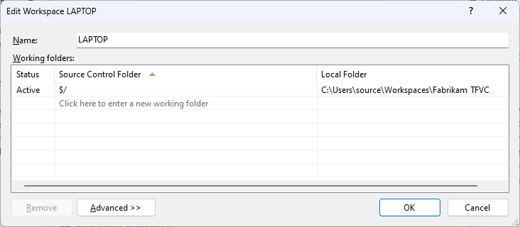Captura de tela da caixa de diálogo Editar Workspace.