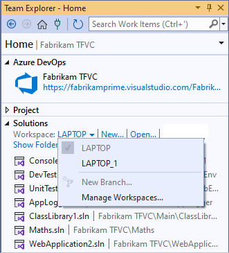 Captura de tela mostrando Gerenciar workspaces no Team Explorer.