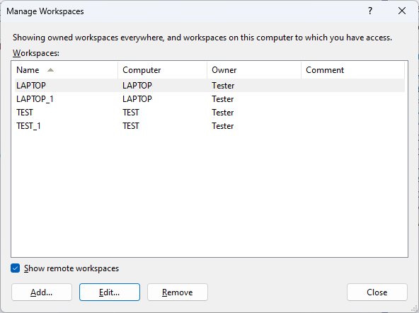 Captura de tela da caixa de diálogo Gerenciar Workspaces.