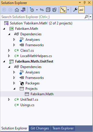 Captura de tela do Gerenciador de Soluções com projetos de Teste e Classe.
