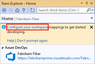 A captura de tela mostra a home page do Team Explorer, com o link Configurar Workspace.