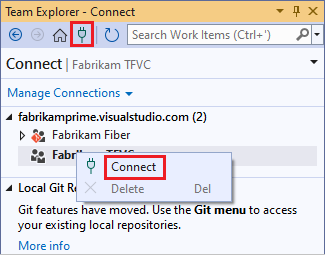 Captura de tela que mostra a seleção Conectar para conectar um projeto.