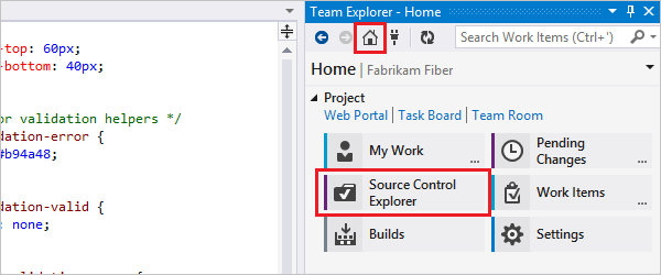 Captura de tela que mostra a Home page do Team Explorer com Source Control Explorer selecionado.