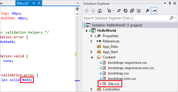 Captura de tela que mostra o Solutions Explorer com o arquivo site.css desmarcado.