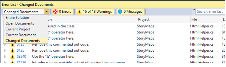 A filtragem de lista de erros do Visual Studio é regida por arquivos modificados