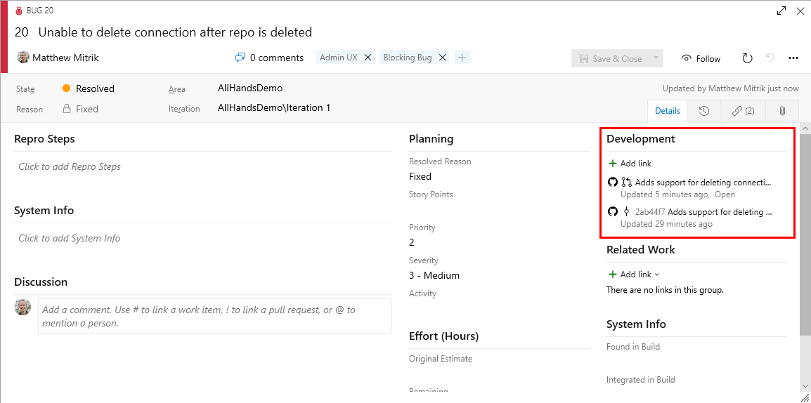 Screenshot of Azure DevOps with the Development section called out.
