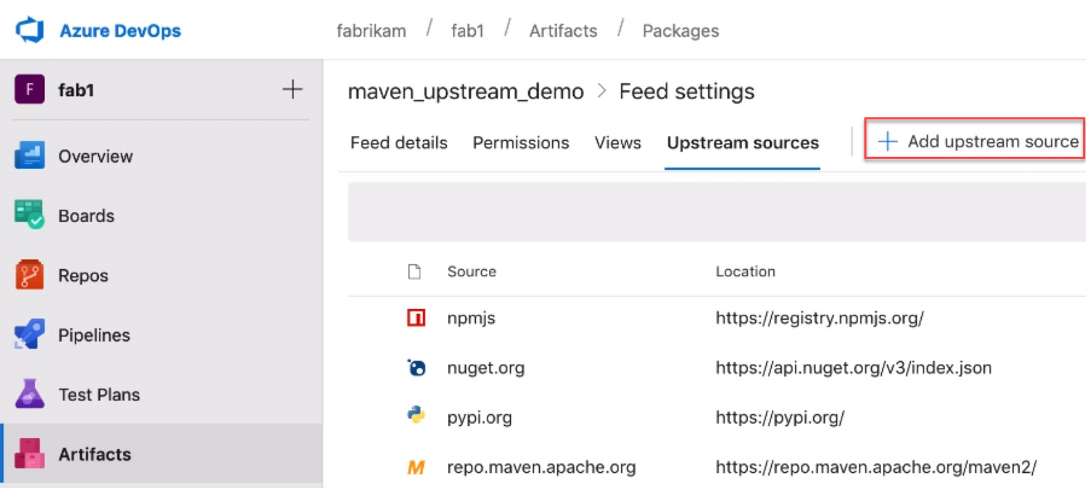 Captura de tela mostrando a opção Adicionar origem upstream.