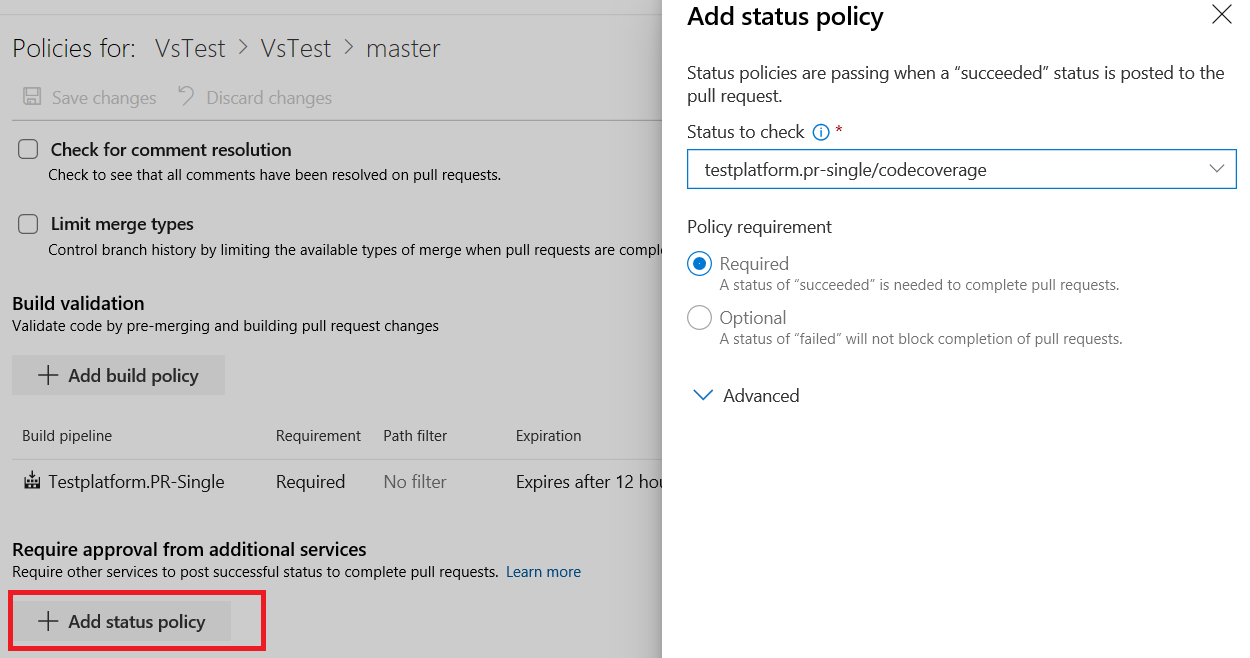 Captura de tela da opção Adicionar política de status e a seção Adicionar política de status que aparece quando você seleciona a opção.
