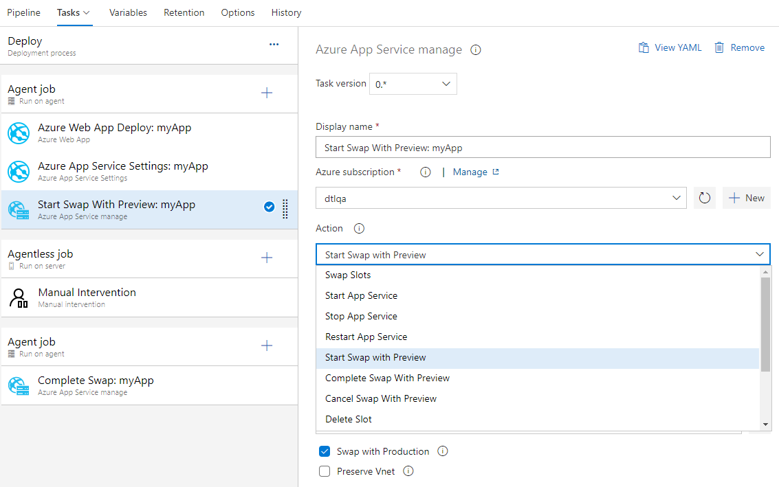 Captura de tela mostrando a caixa de diálogo Gerenciar Serviço de Aplicativo do Azure com a nova configuração de troca de várias fases na lista suspensa Ação.