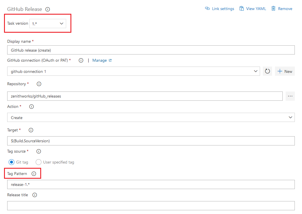 Captura de tela mostrando a tarefa de lançamento do GitHub com as seções Versão da tarefa e Padrão de Marca destacadas.