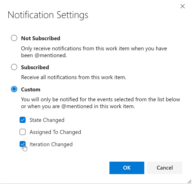 Captura de tela da caixa de diálogo Configurações de Notificações mostrando o botão de rádio Personalizado selecionado juntamente com as opções Estado Alterado e Iteração Alterada.
