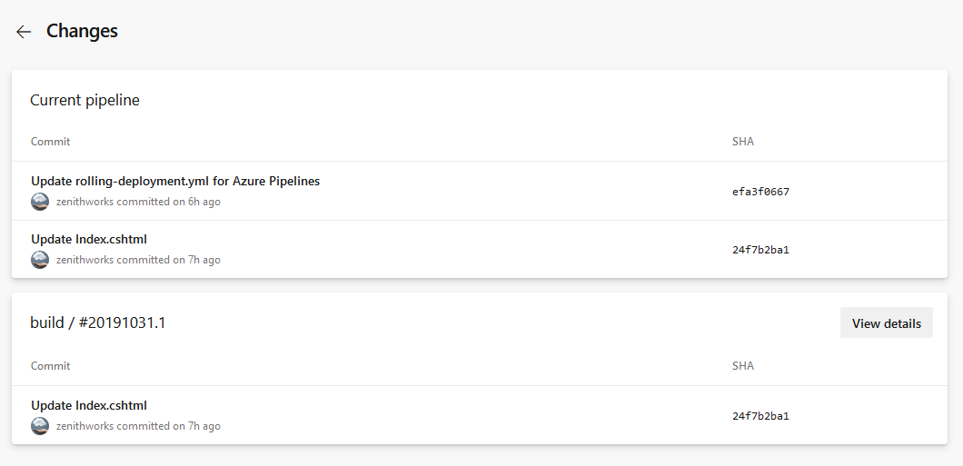 Captura de tela mostrando os commits na seção atual do pipeline.