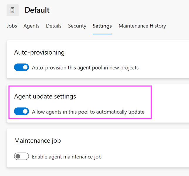 Sceenshot da página Configurações Padrão com a opção configurações de atualização do Agente ativada e cancelada.