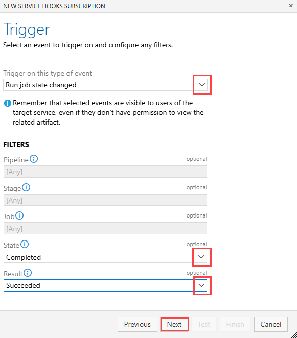 Screenshot of configuration fields for triggering event in Azure DevOps.