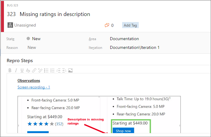 Captura de tela de um item de trabalho de bug com observações capturadas e um link de gravação de tela.