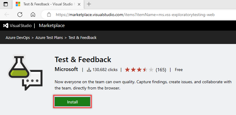 Captura de tela mostrando o Visual Studio Marketplace, Test & Feedback extension, Install.