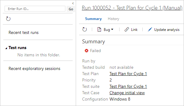 A captura de tela mostra o painel Execuções de Teste com informações sobre a execução de teste individual.
