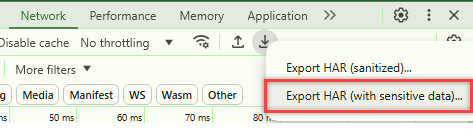 A captura de tela mostra a seleção realçada, Exportar HAR com dados confidenciais, no Google Chrome.