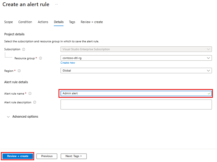 Captura de tela mostrando a guia Criar uma regra de alerta, com o nome da regra de alerta realçado.