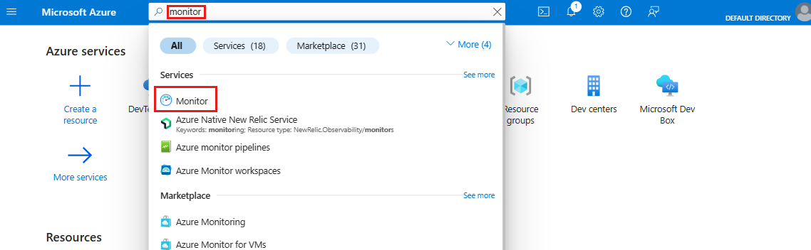 Captura de tela do portal do Azure mostrando uma pesquisa de Monitor.