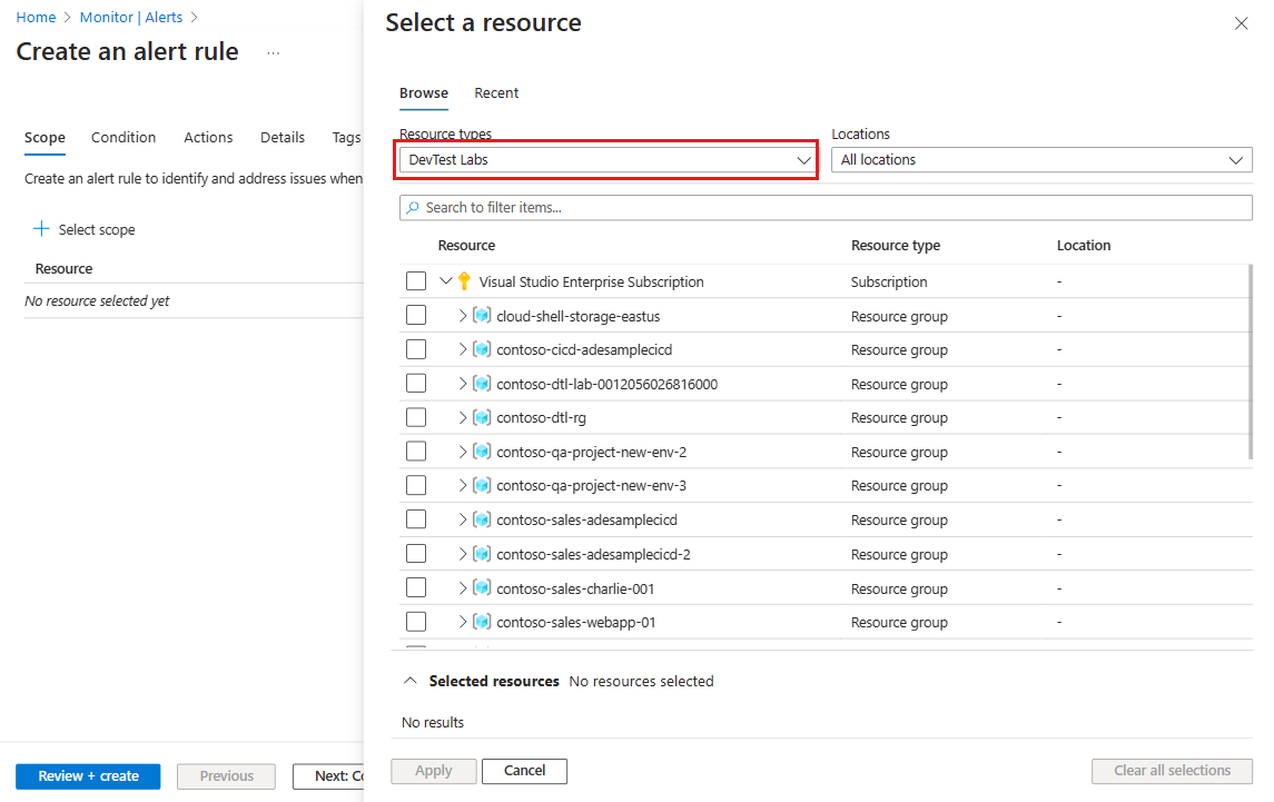 Captura de tela mostrando o painel Selecionar um recurso, com o tipo de recurso definido como DevTest Labs.