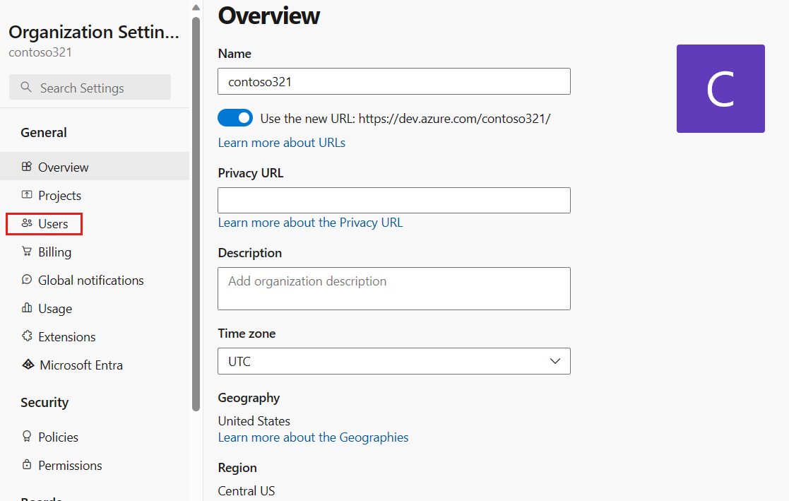 Captura de tela mostrando a página de visão geral da Organização, com os Usuários realçados.