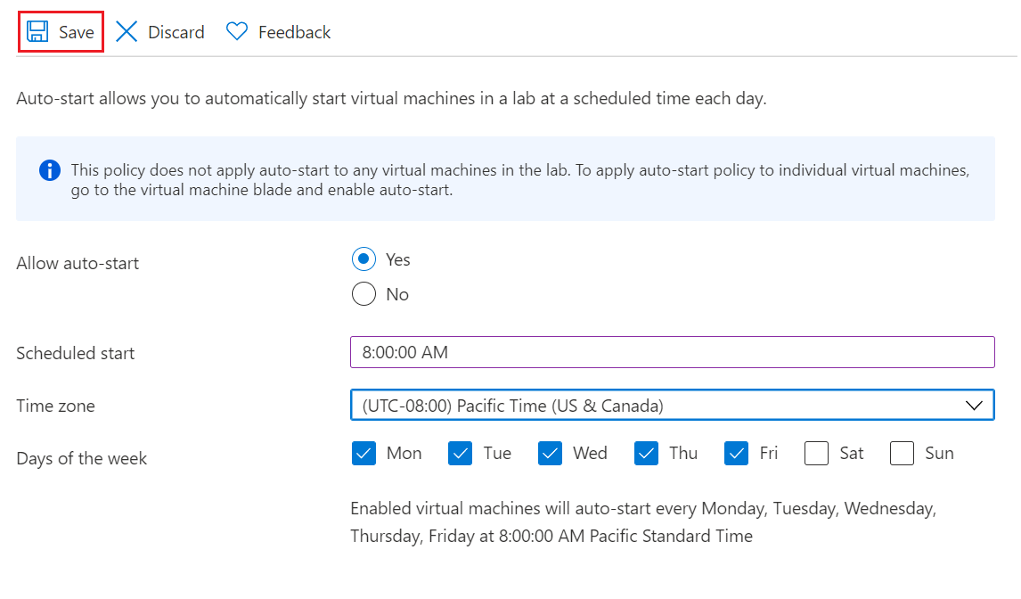 Captura de tela das configurações de agendamento de início automático.