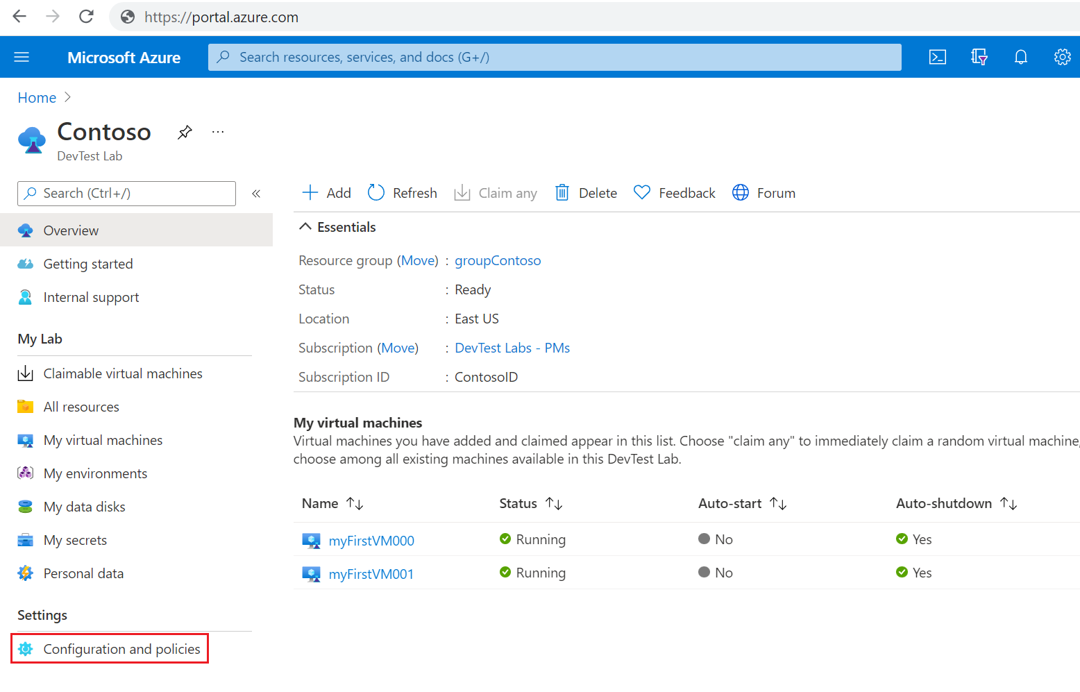 Captura de tela que mostra a seleção de Configuração e políticas no menu de navegação esquerdo.