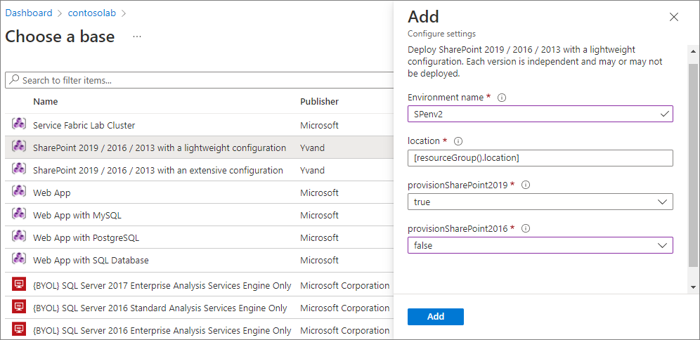 Captura de tela que mostra o painel Adicionar para um ambiente do SharePoint.