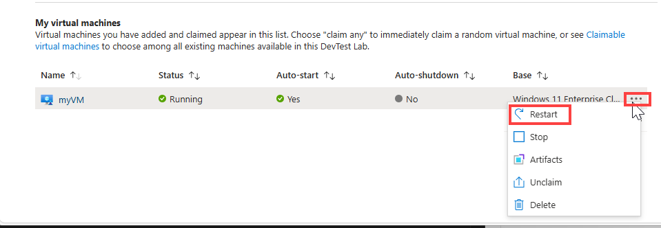 Captura de tela do portal do Azure mostrando a opção Reiniciar VM no menu de reticências.
