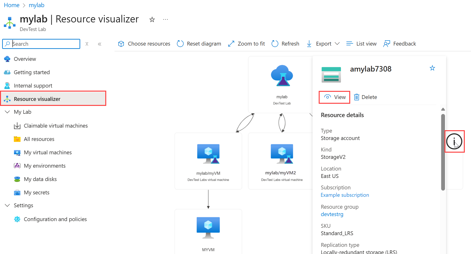 Captura de tela que mostra como selecionar a opção Exibir para a conta de armazenamento de um recurso de laboratório do DevTest Labs.