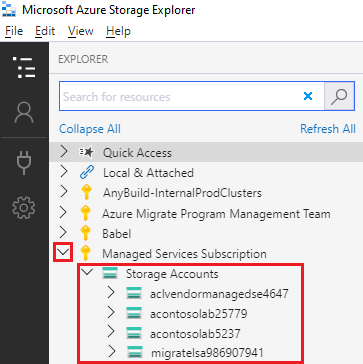 Captura de tela que mostra as contas de armazenamento de uma assinatura do Azure selecionada.