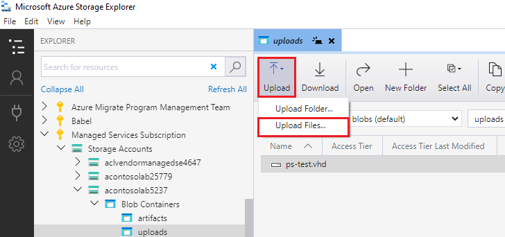 Captura de tela que mostra o botão Upload e Upload de Arquivos.