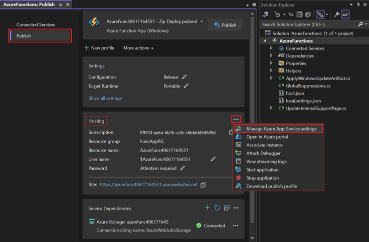 Captura de tela mostrando como gerenciar as configurações do Serviço de Aplicativo do Azure na página Publicar do aplicativo de Funções.