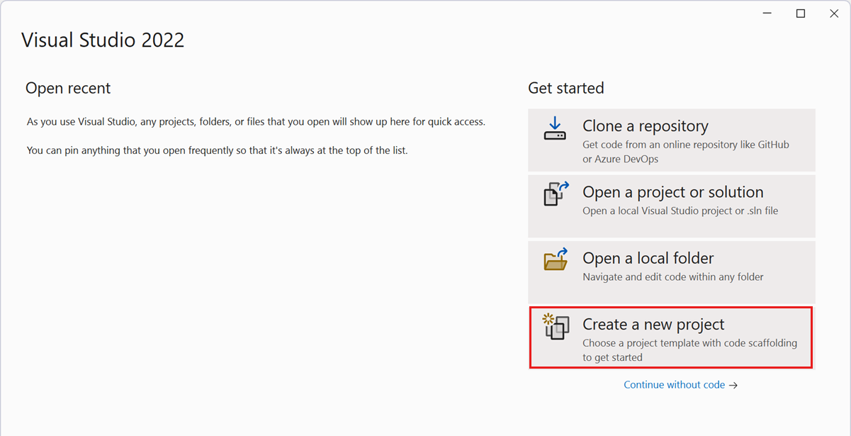 Captura de tela da página Iniciar do Visual Studio com Criar um novo projeto selecionado.