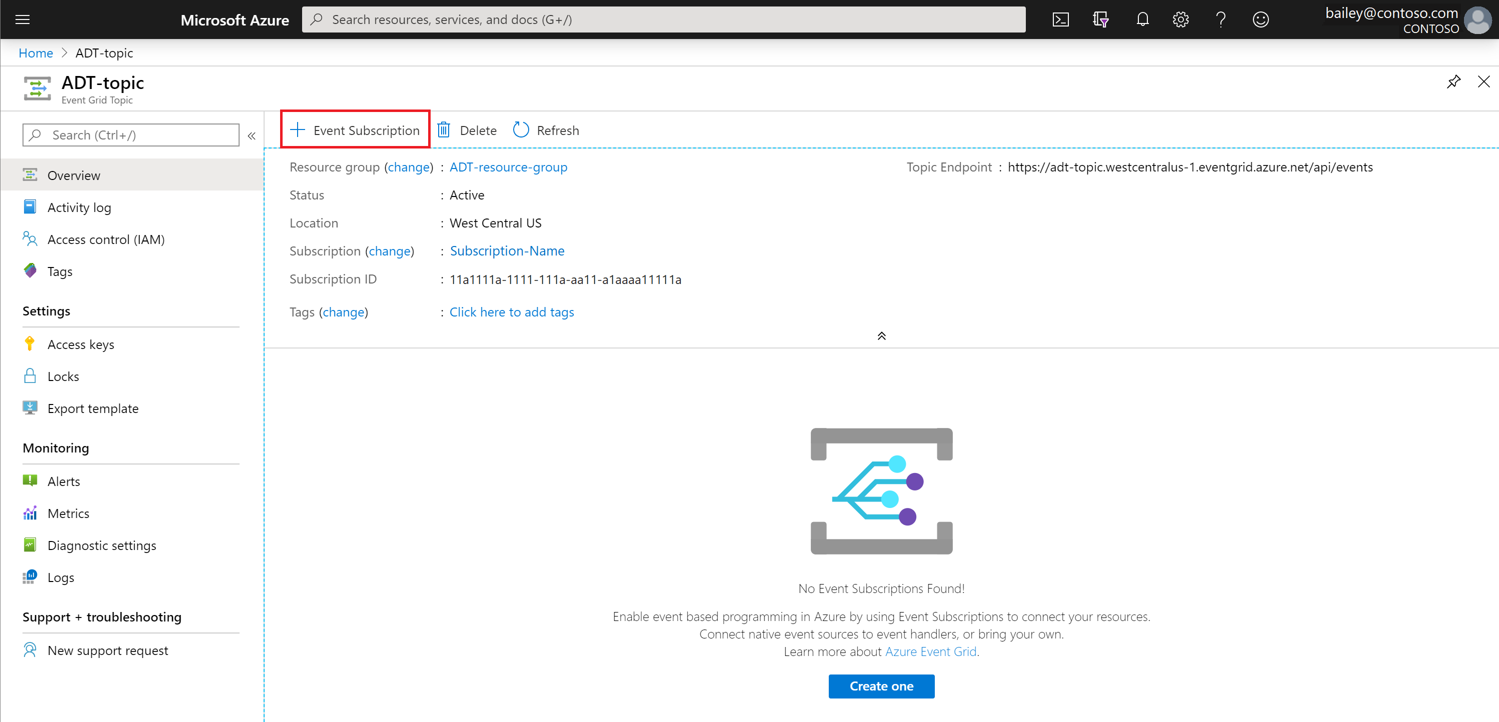 Screenshot of how to create an event subscription in the Azure portal.
