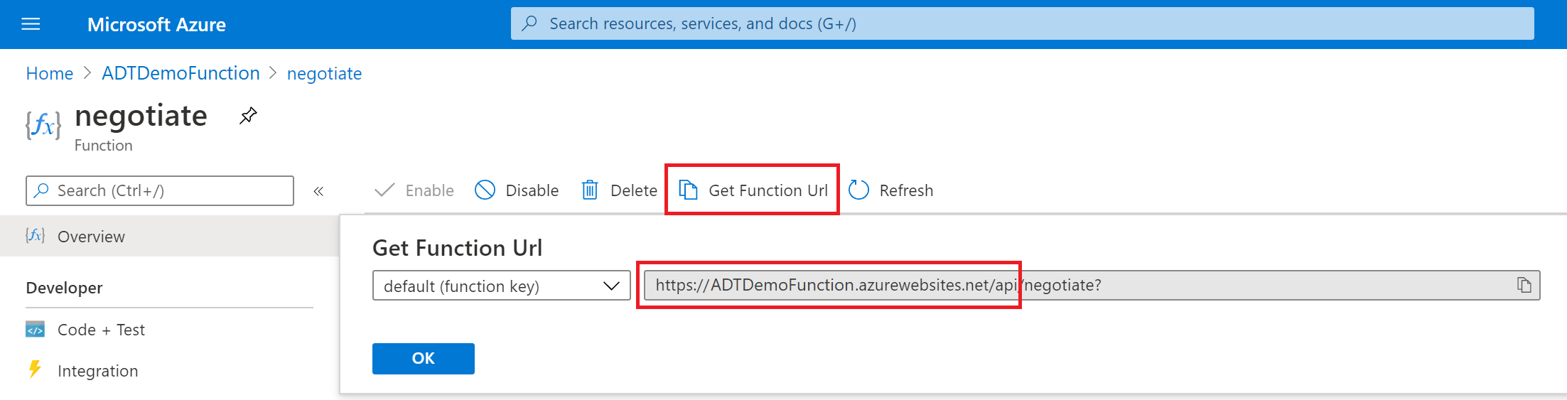 Screenshot of the Azure portal showing the 'negotiate' function with the 'Get function URL' button and the function URL highlighted.