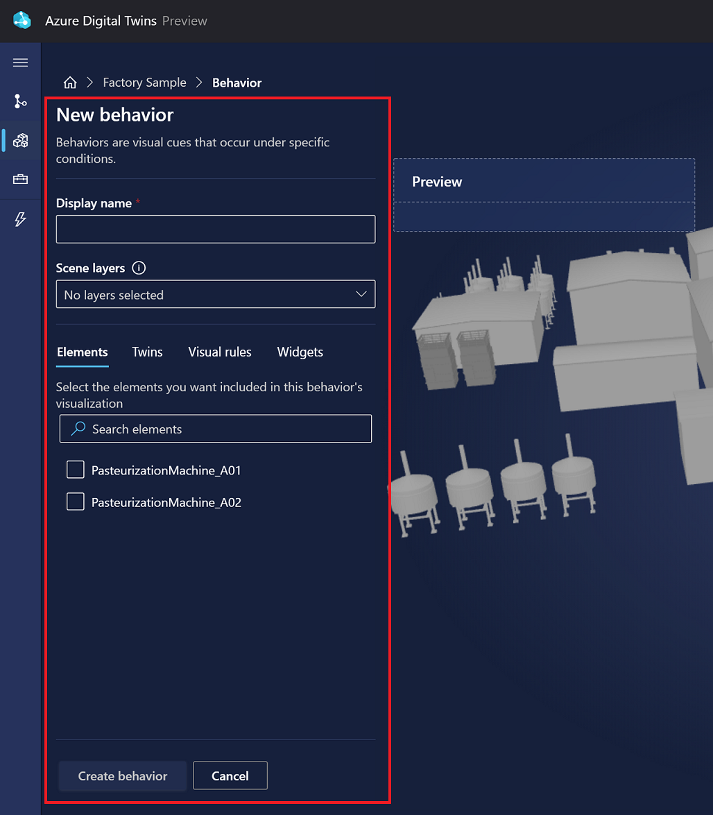 Captura de tela das opções de Novo comportamento no 3D Scenes Studio.