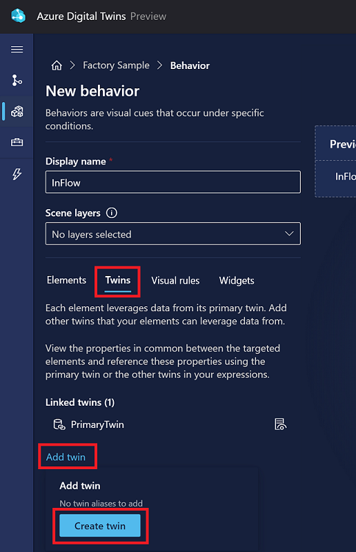 Captura de tela das opções de Novo comportamento no 3D Scenes Studio. A guia Gêmeos está em destaque.