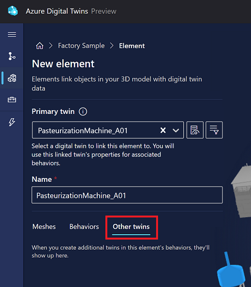 Captura de tela das opções de Novo elemento no 3D Scenes Studio. A guia Outros gêmeos está em destaque.