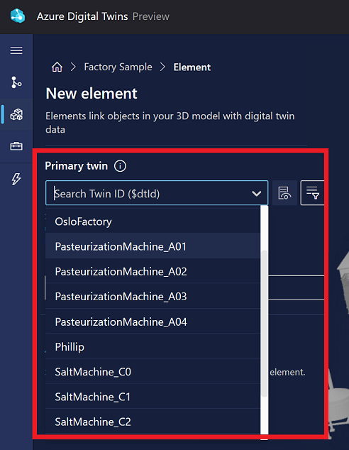 Captura de tela das opções de Novo elemento no 3D Scenes Studio. A lista suspensa de gêmeos Primários está em destaque.