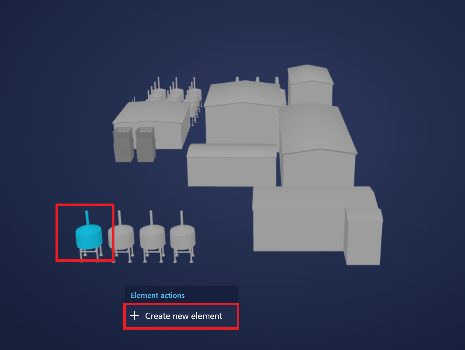 Captura de tela do 3D Scenes Studio no construtor para uma cena. A malha de um tanque está em destaque e há uma opção de Criar novo elemento.