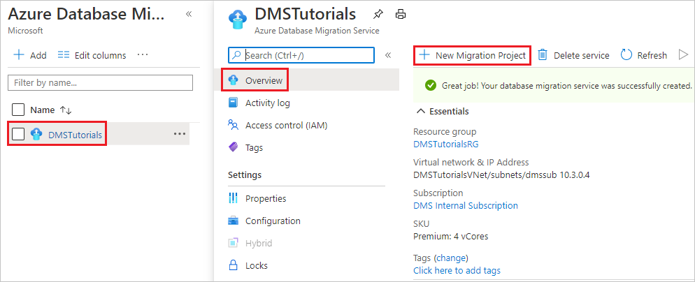 Captura de tela de uma instância do Serviço de Migração de Banco de Dados do Azure.